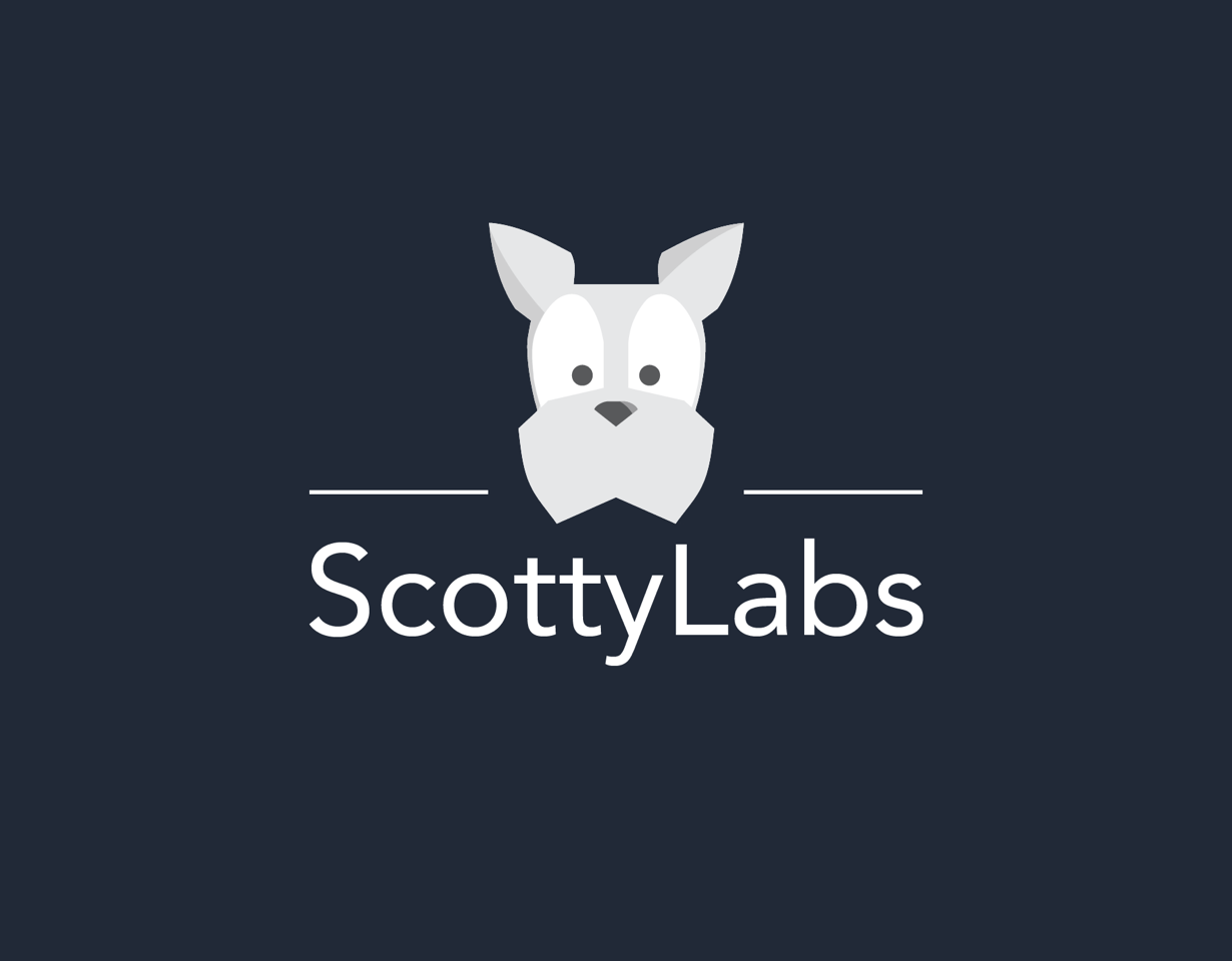 the logo for ScottyLabs, a light gray simplistic stylized dog on a dark gray background